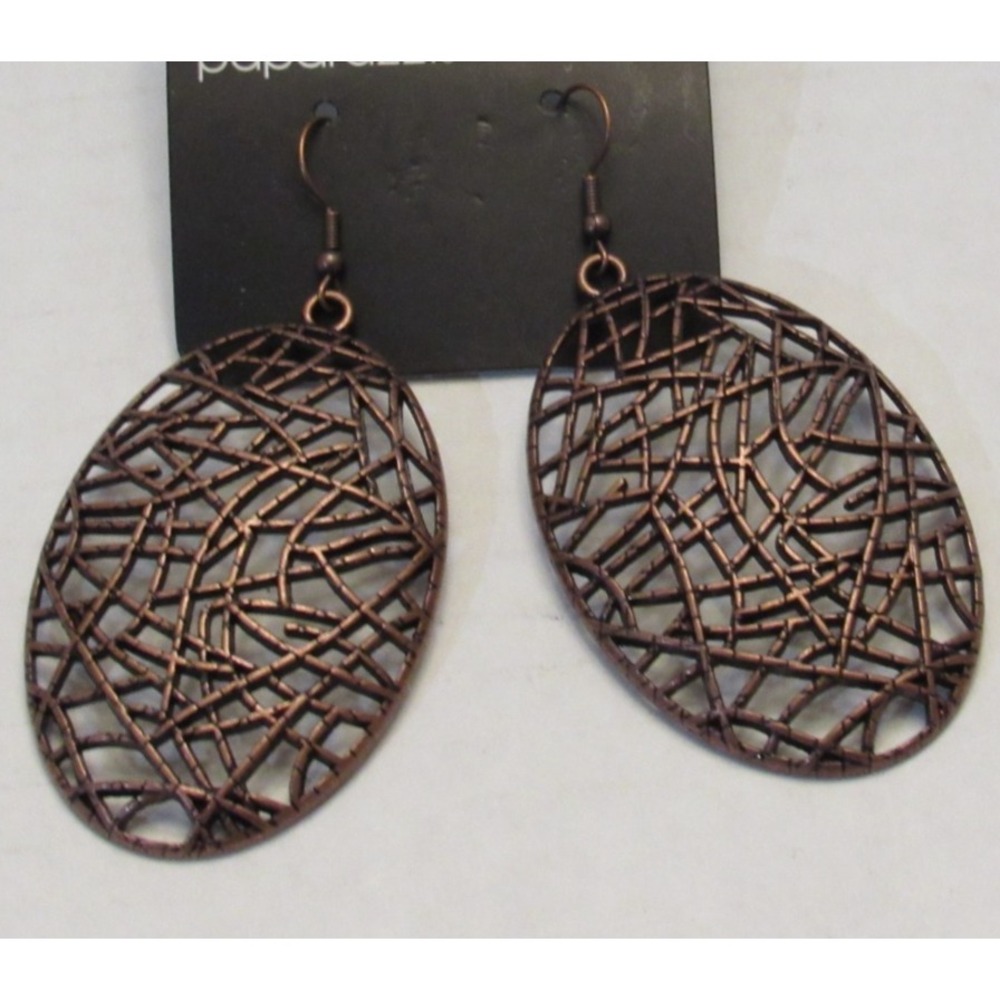 Bronze Tone Dangle Drop Oval Abstract Earrings Boho Chic Fairy Earthy Neutral